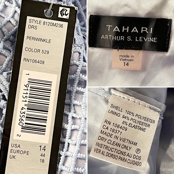 NWT Tahari by Arthur Levine Chemical Lace Dress Light Blue Sheath Blue Size 14 - Picture 5 of 5